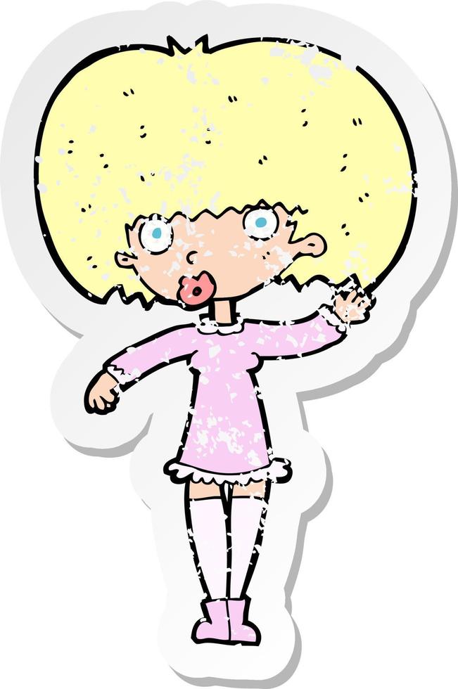 retro distressed sticker of a cartoon waving girl vector