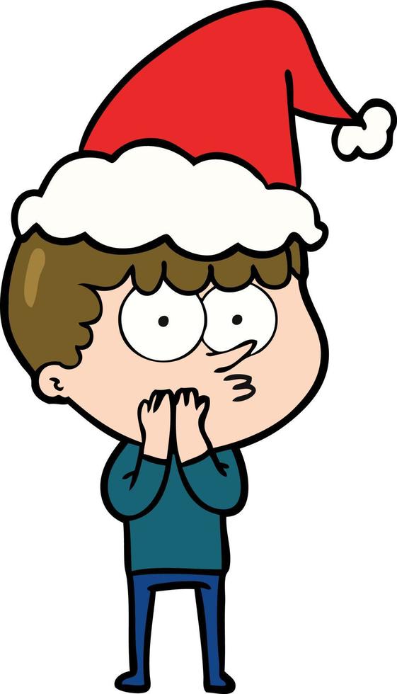 line drawing of a curious boy wearing santa hat vector