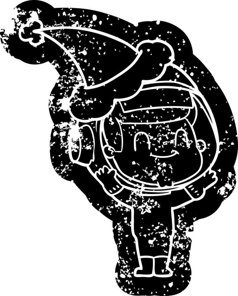 happy cartoon distressed icon of a astronaut man wearing santa hat vector