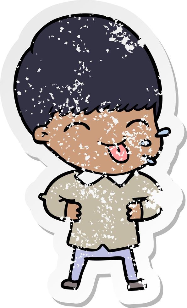 distressed sticker of a cartoon boy sticking out tongue vector