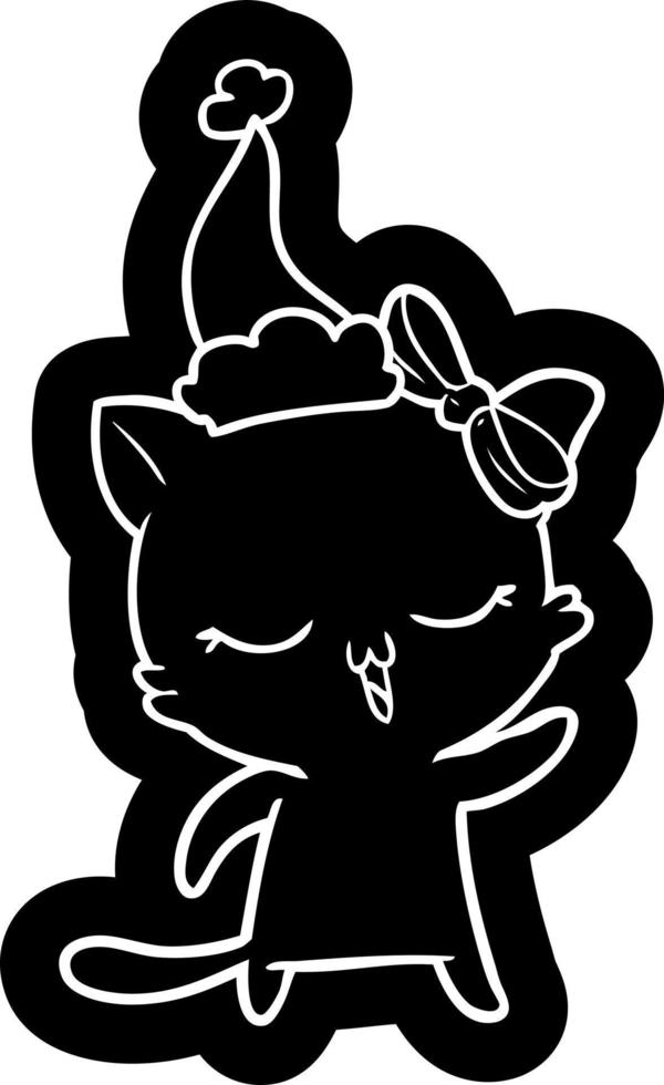 cartoon icon of a cat with bow on head wearing santa hat vector