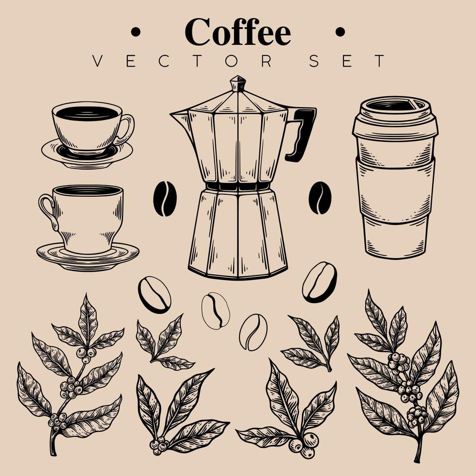 Vector set of coffee design with vintage retro hand drawn style