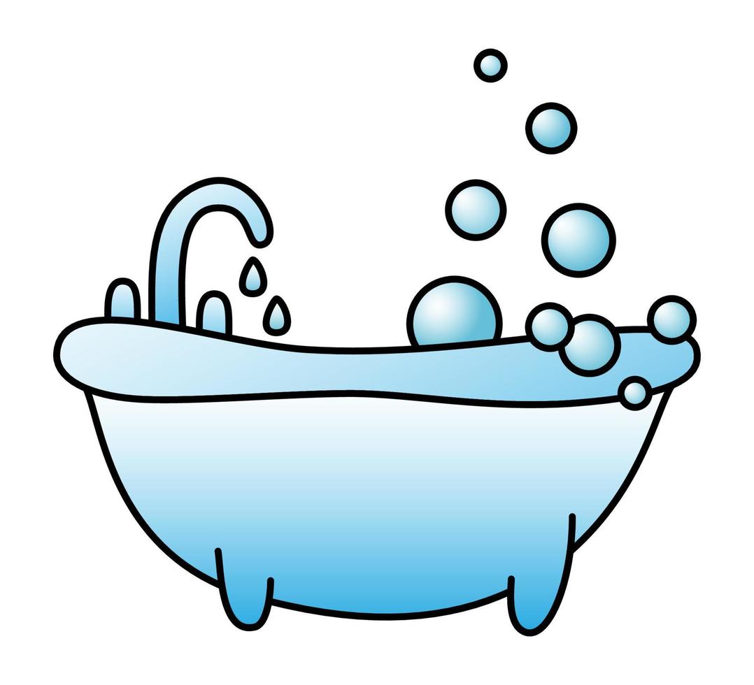 Color vector illustration of a blue bathtub with soap bubbles in cartoon style