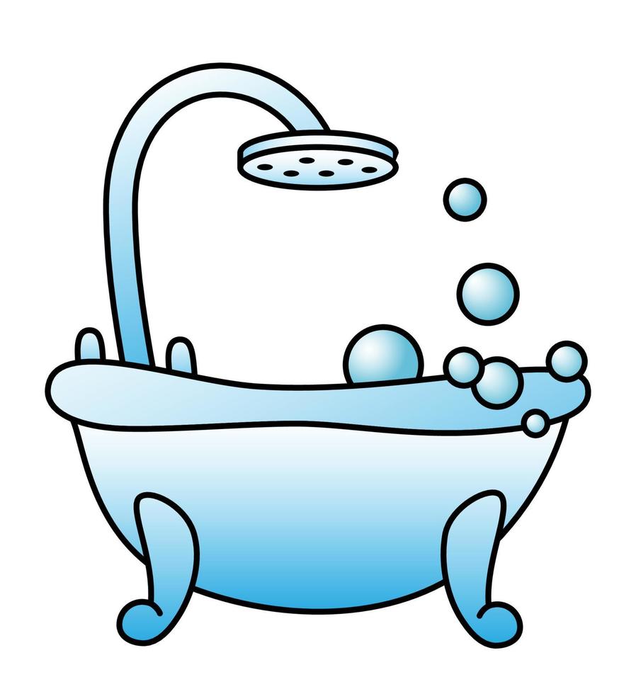 Color vector illustration of a blue bathtub with a shower with soap bubbles in cartoon style