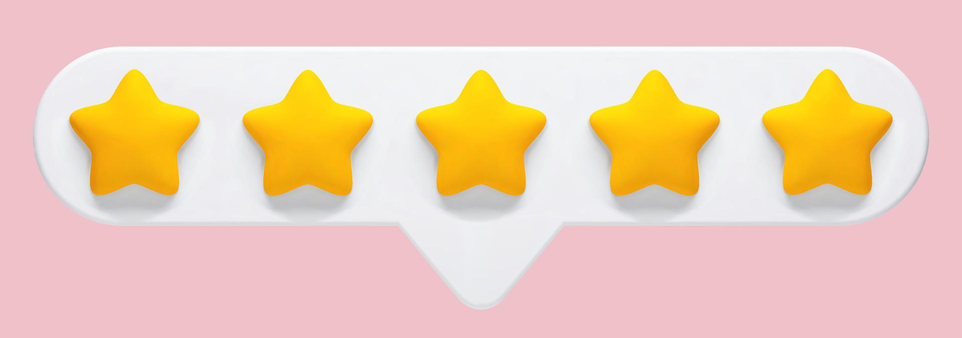 Vector 3d realistic illustration of 5 stars feedback, evaluation of a product or service on a pink background