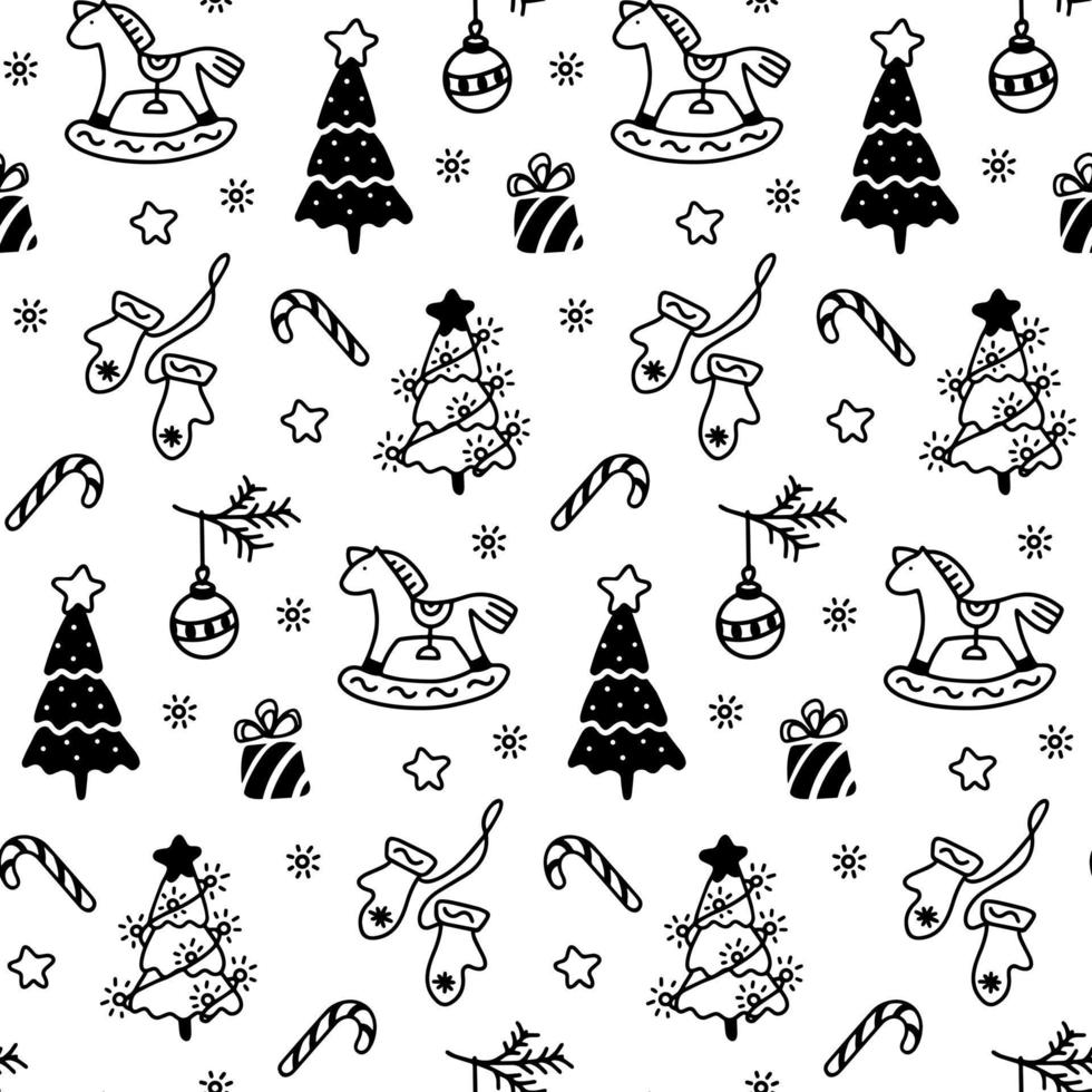 Vector black and white pattern of Christmas elements in doodle style, horse, Christmas ball, Christmas trees, lights, star, gift, mittens, caramel