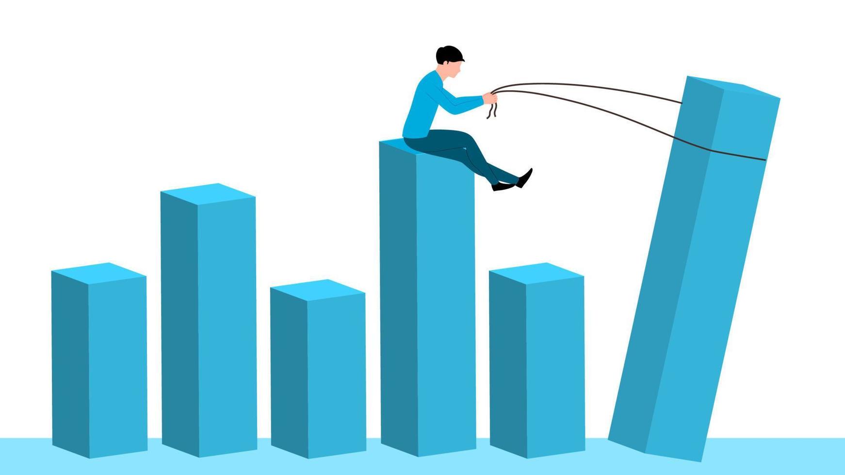 Man lifting graph with help of rope, flat business character vector illustration.