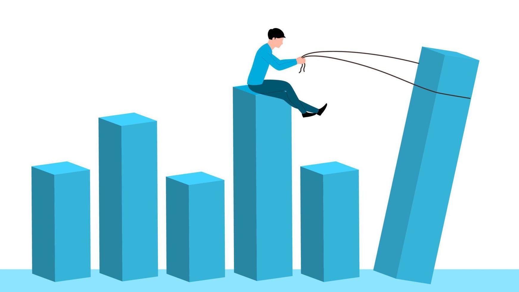 gráfico de elevación de hombre con ayuda de cuerda, ilustración de vector de carácter de negocio plano.