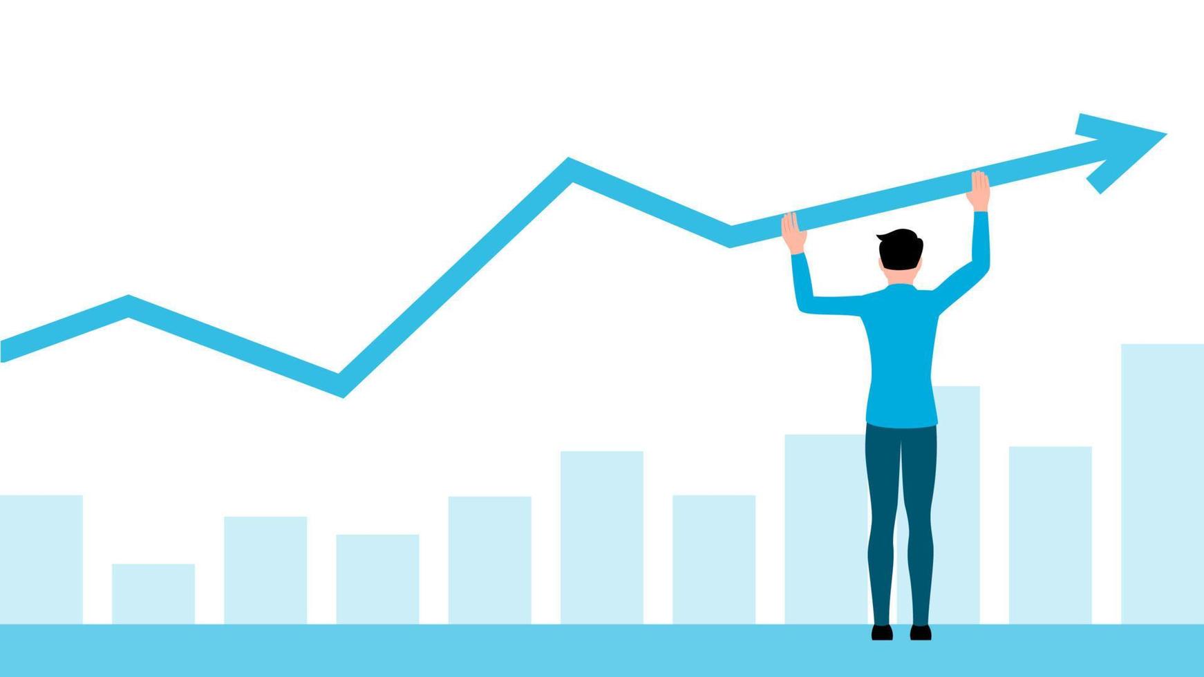 Man lifting statistic graph, flat business character vector illustration.