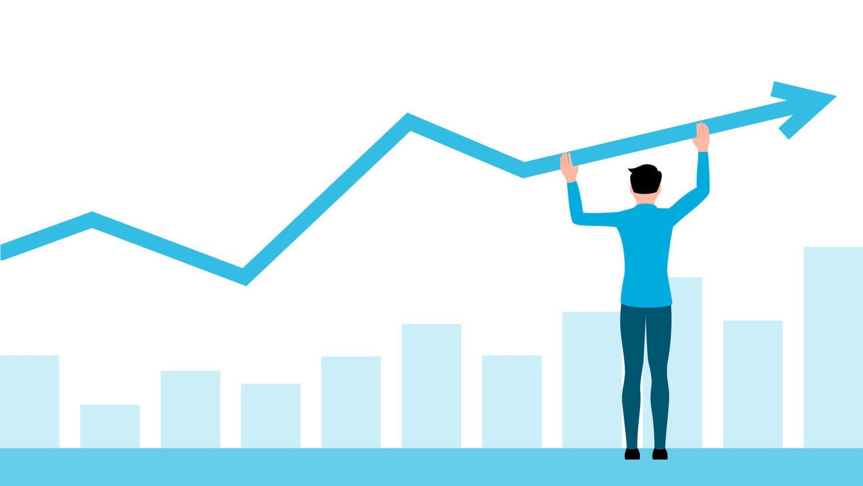 hombre levantando gráfico estadístico, ilustración de vector de carácter de negocio plano.