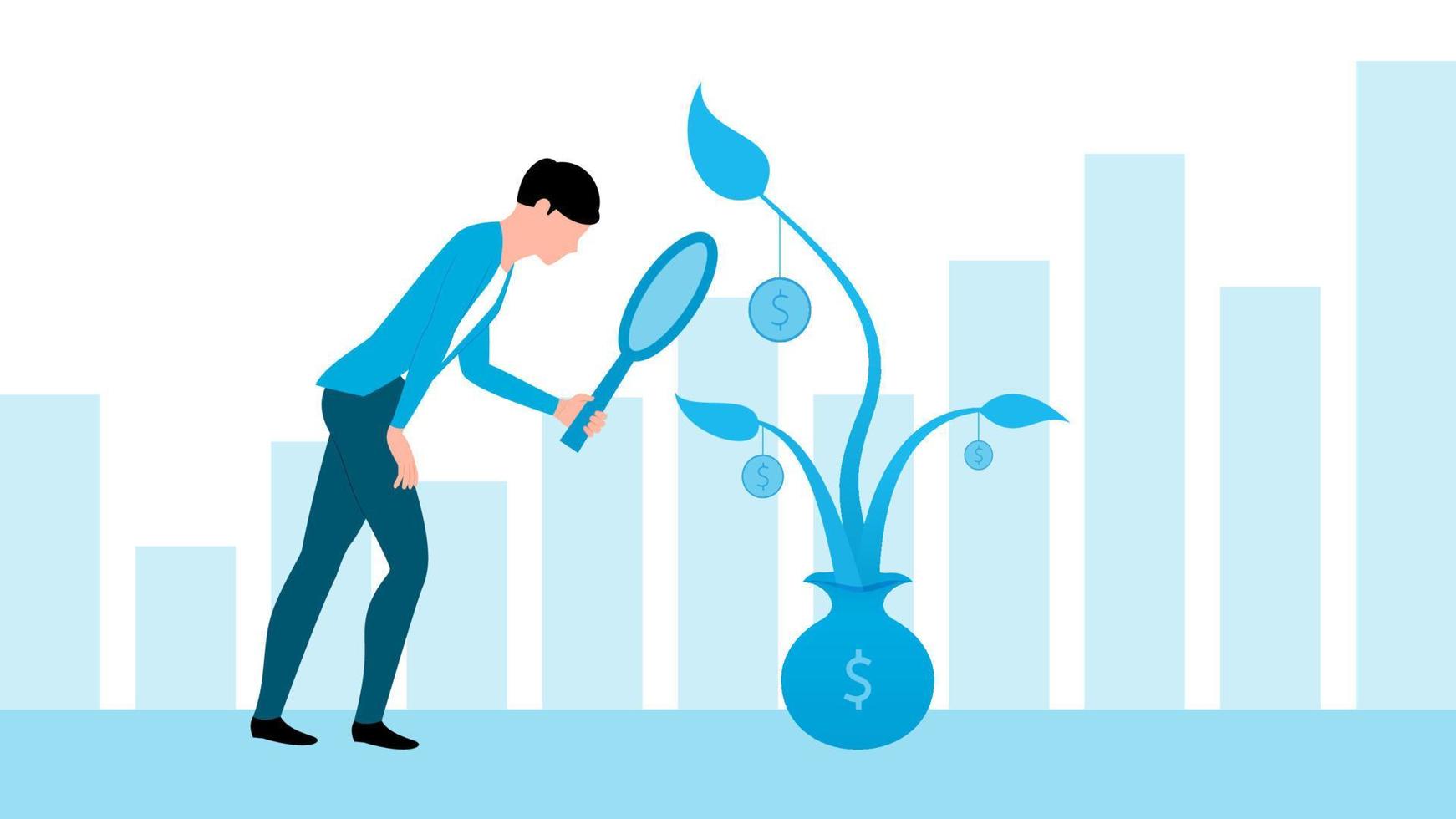 man holding magnifying glass to analyze investment returns, flat business character vector illustration.