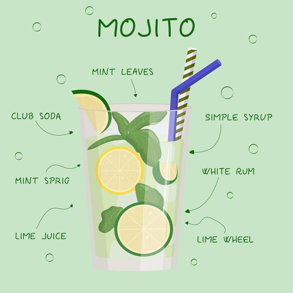 Alcohol drink, cocktail and beverages recipe. Mojito. Menu design. Bartender guide. Flat vector illustrtaion