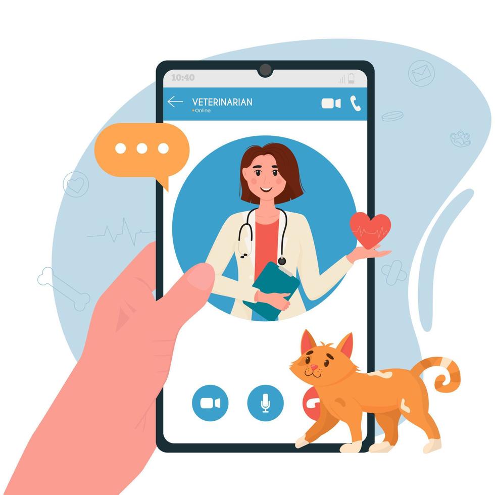 Veterinary doctor appointment. Online veterinarian consultation. Pet care, animal medical diagnosis, mobile application. Flat vector illustration