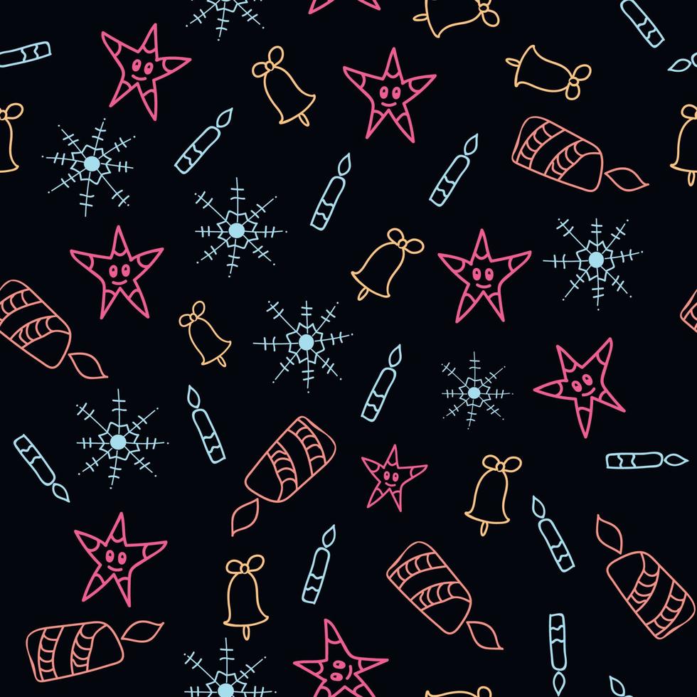 christmas seamless pattern of snowflakes, stars, candle, contour drawings on a black background, stylish festive vector