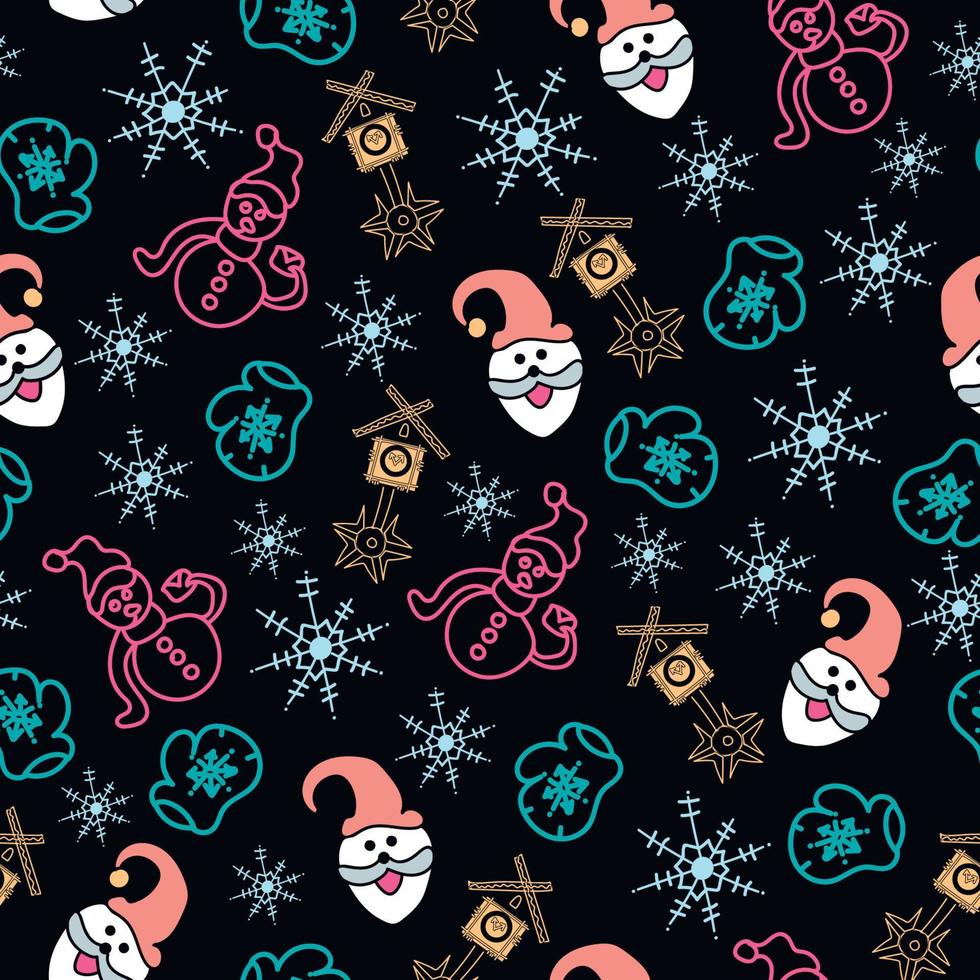 christmas pattern  santa claus head seamless with contour drawings on a black background vector