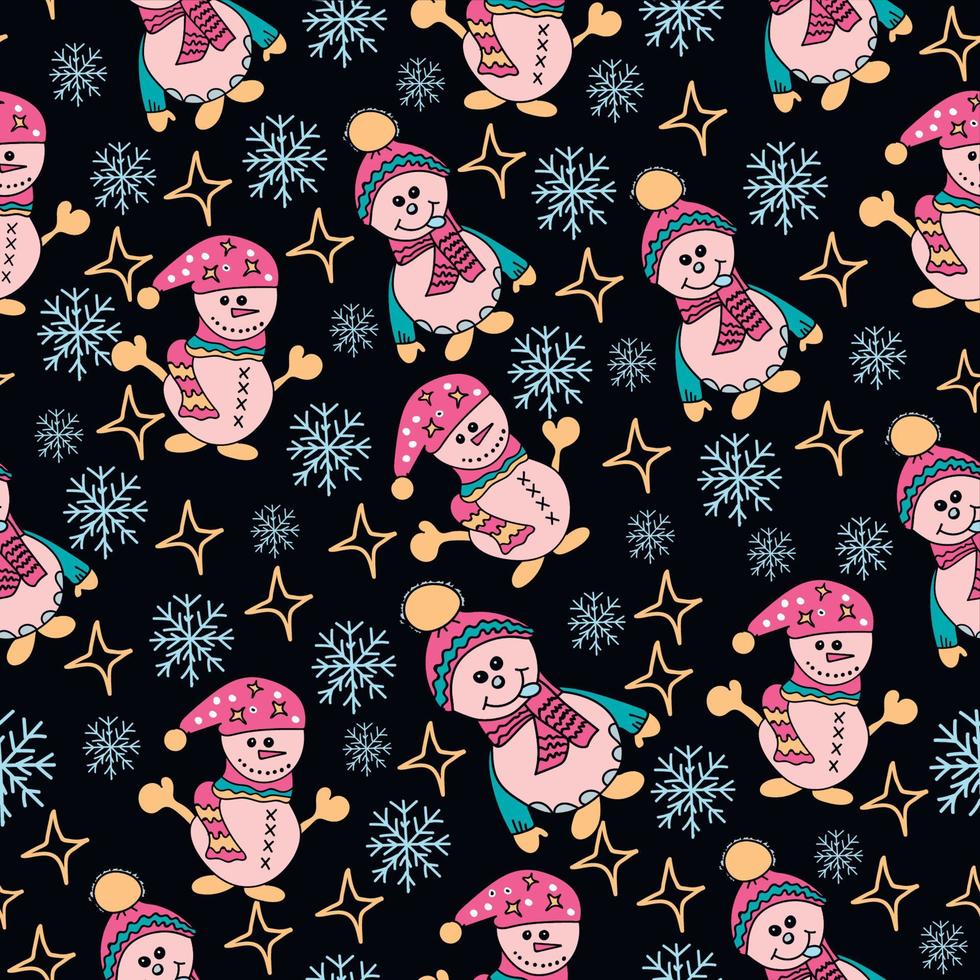 christmas seamless vector pattern pink snowmen in hats and scarves, on a black starry sky with blue snowflakes