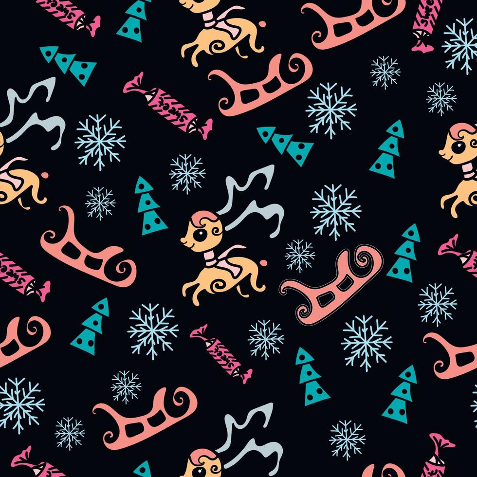 ciervos navideños, patrones sin fisuras con elementos invernales, trineo, copos de nieve, sobre un fondo negro vector