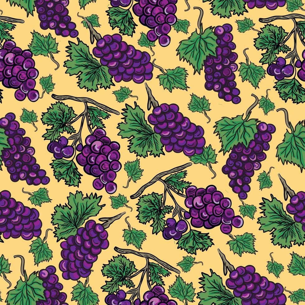 grape seamless pattern hand drawn on yellow background vector