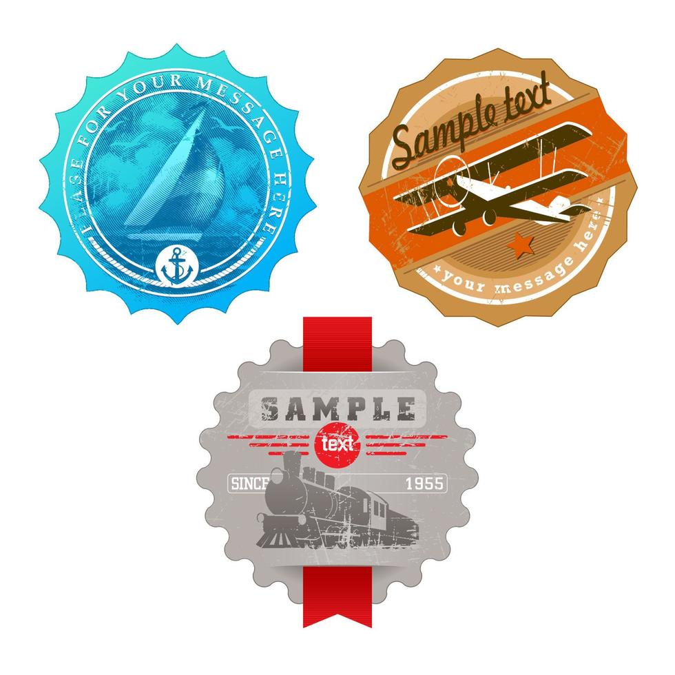 Vector vintage labels with retro transport - yacht, plane and steam locomotive