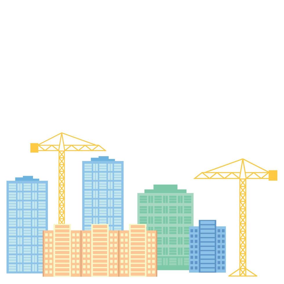 Set of high-rise buildings and construction crane, flat style vector, isolated on white, construction vector