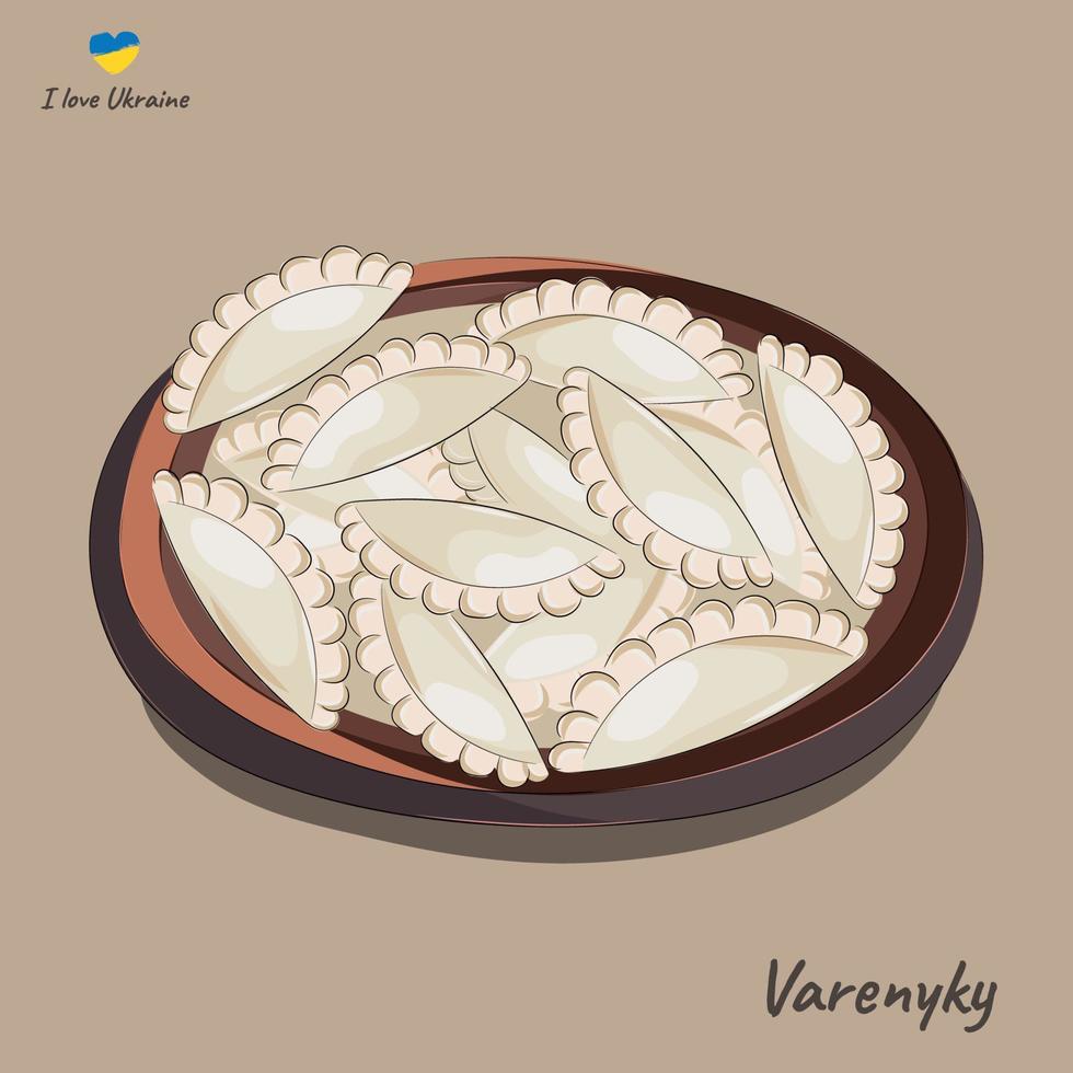 uno de los platos más populares de la cocina nacional ucraniana, vareniki en un plato de arcilla, masa hervida con relleno, vector plano, fondo beige