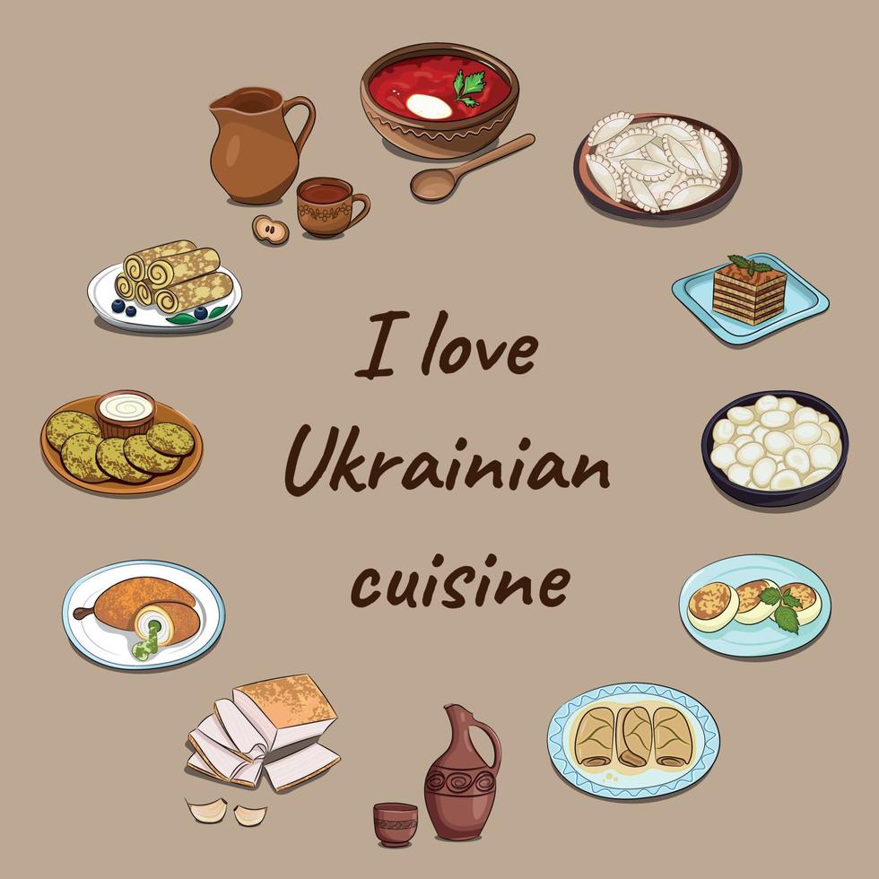 Set of 12 most popular dishes of national Ukrainian cuisine on a square beige banner, flat vector, inscription I love Ukrainian cuisine vector