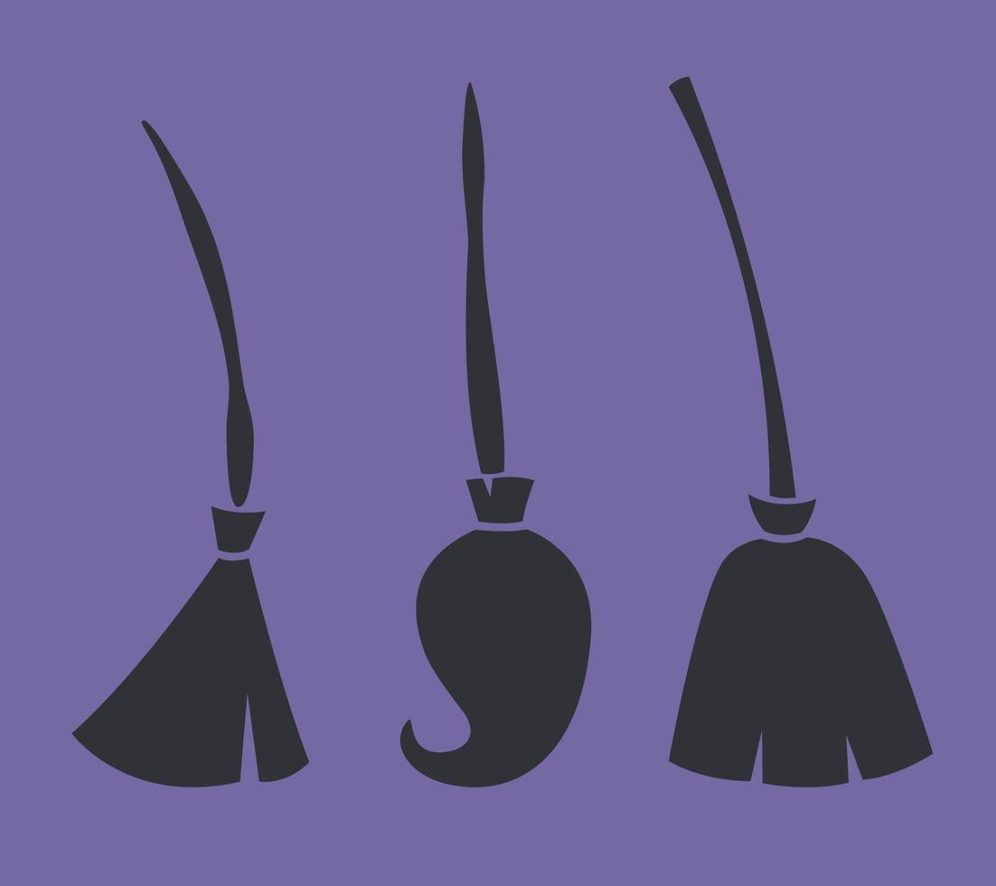 Set of witch brooms. Halloween attribute in black flat style. vector
