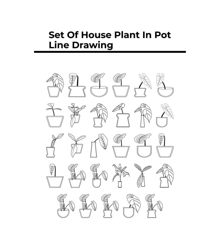 conjunto de planta de casa en dibujo de línea de maceta vector