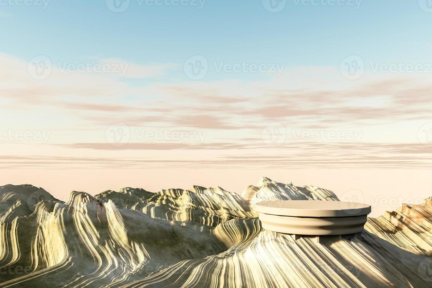 3D rendering, Platform and Natural podium on high mountain with sky and cloud backdrop for product display, landscape scene background photo