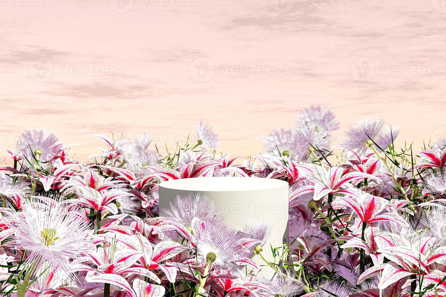 Platform and Natural podium backdrop with pink flowers field, cloud and sky background for product display.  landscape scene background 3d rendering photo