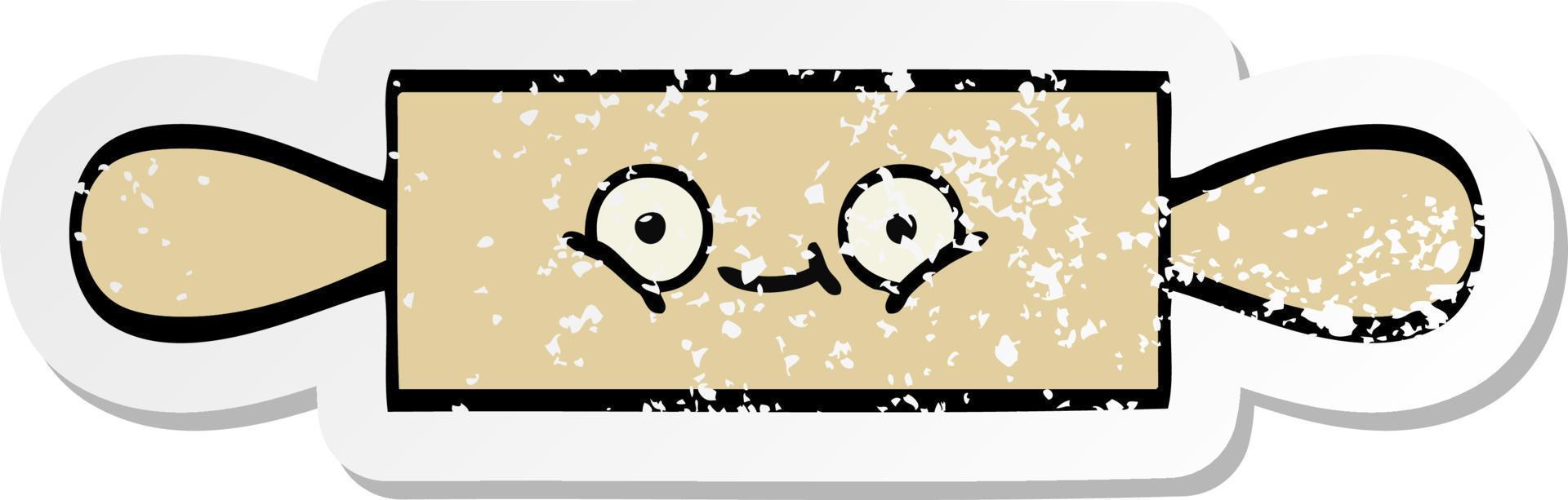 distressed sticker of a cute cartoon rolling pin vector