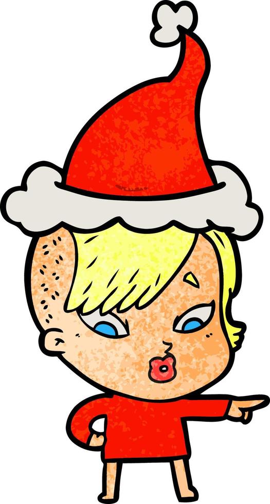 textured cartoon of a surprised girl pointing wearing santa hat vector