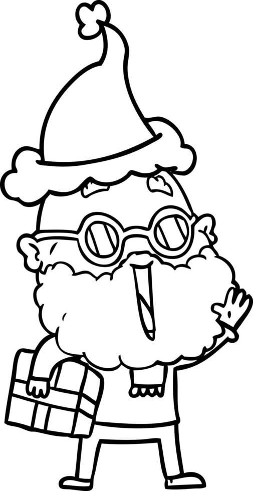 line drawing of a joyful man with beard and parcel under arm wearing santa hat vector