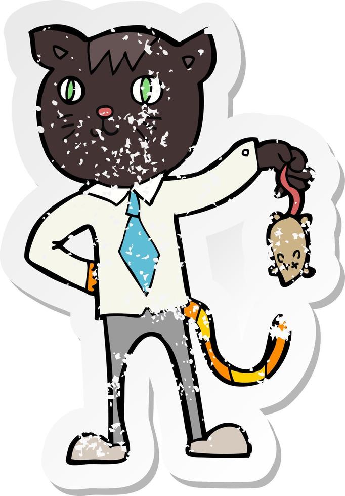 retro distressed sticker of a cartoon business cat with dead mouse vector