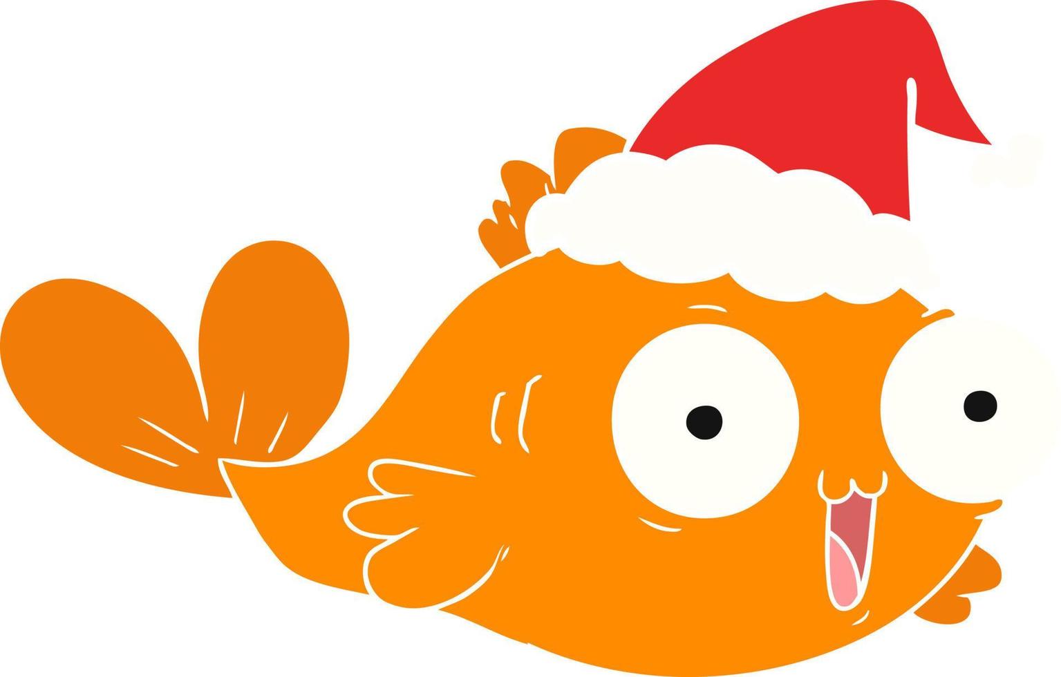 happy goldfish flat color illustration of a wearing santa hat vector