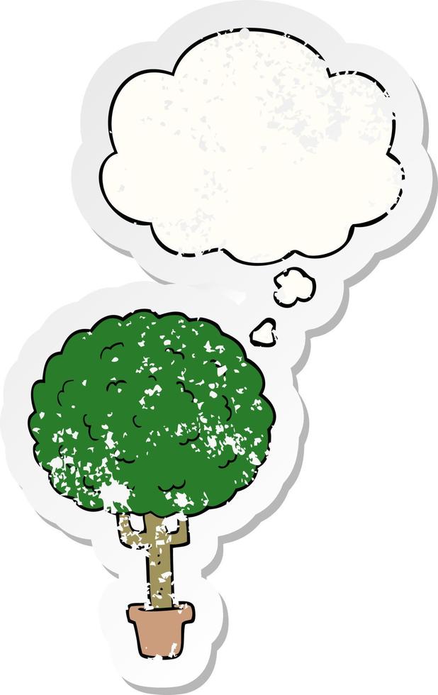 cartoon tree and thought bubble as a distressed worn sticker vector