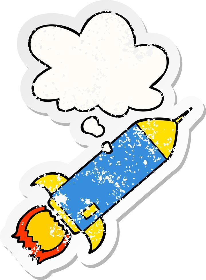 cartoon rocket and thought bubble as a distressed worn sticker vector