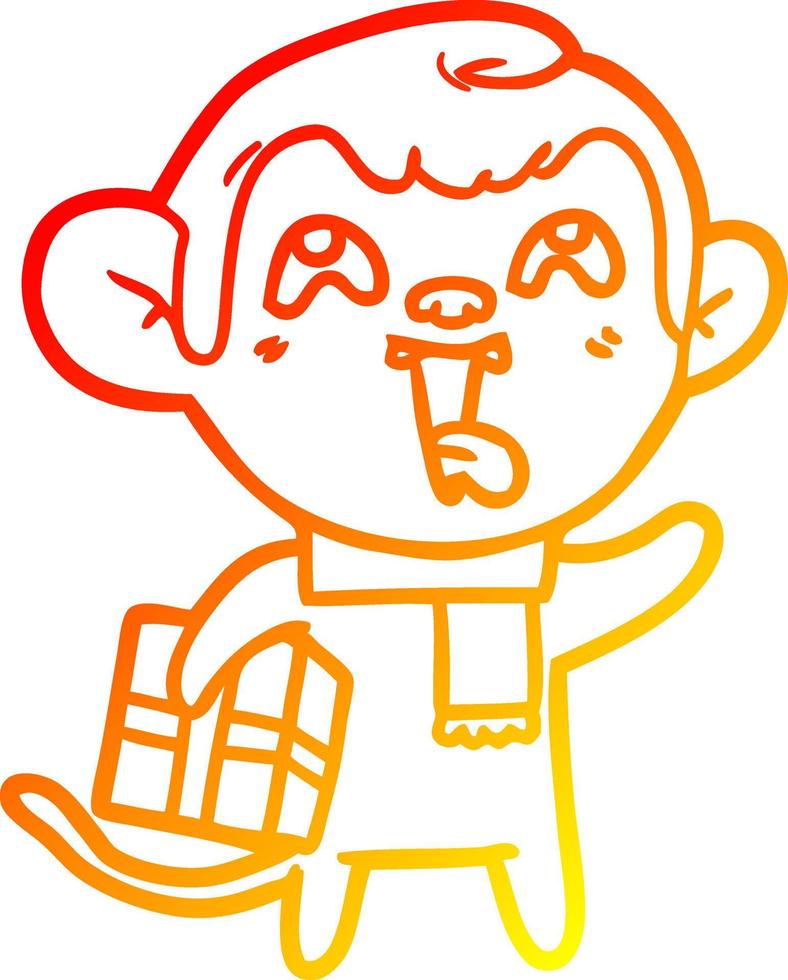 warm gradient line drawing crazy cartoon monkey with christmas present vector