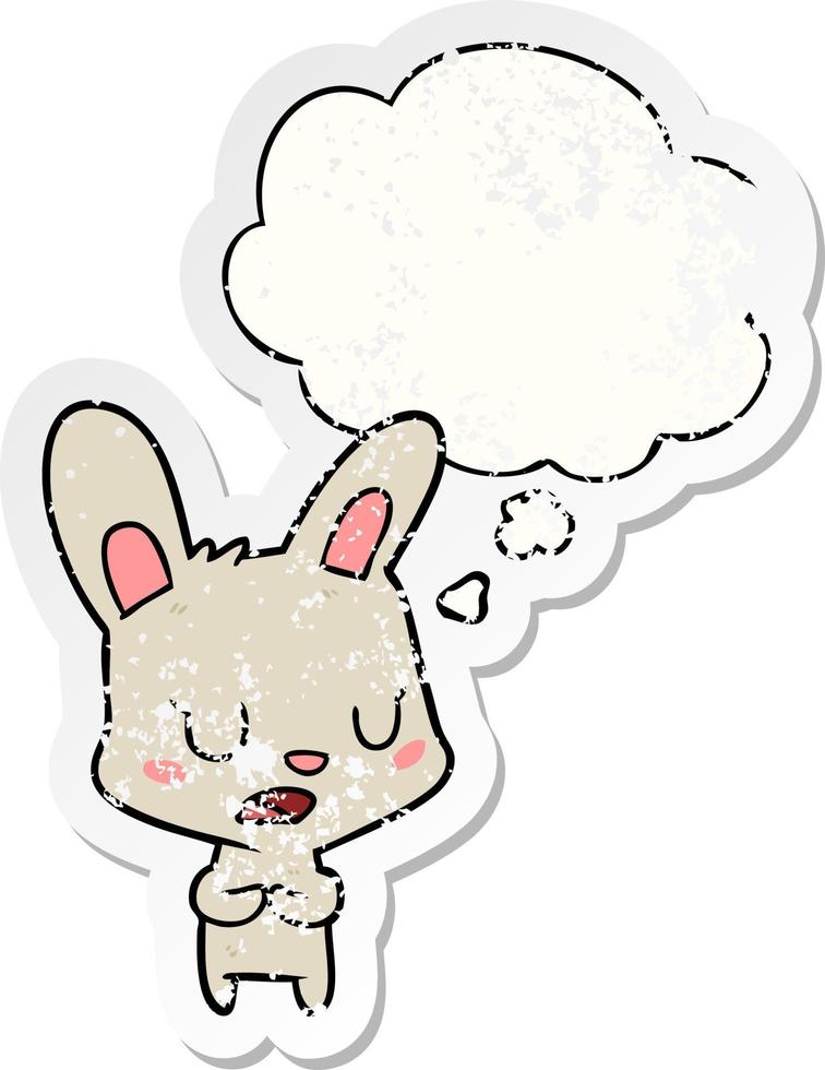 cartoon rabbit talking and thought bubble as a distressed worn sticker vector