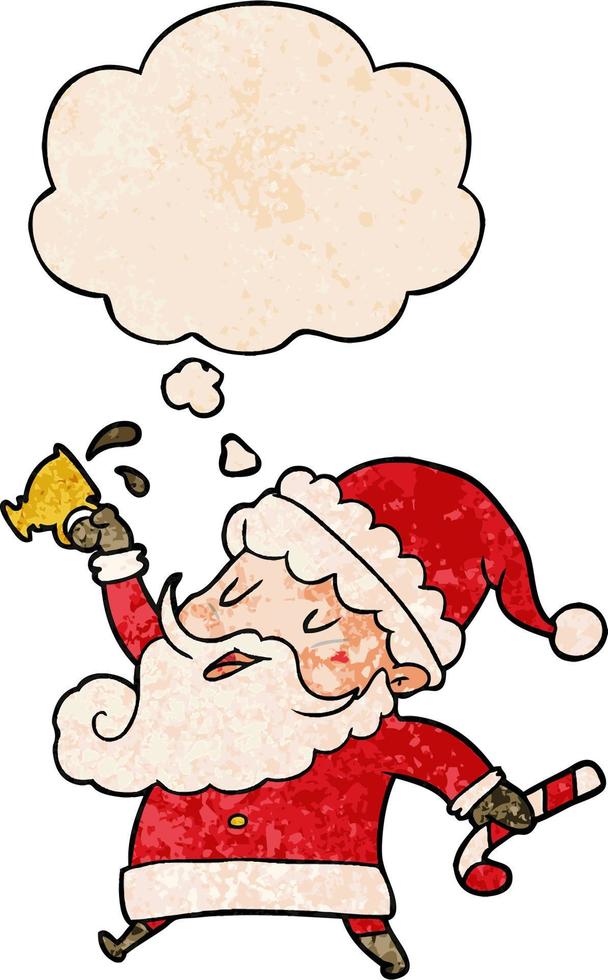 cartoon santa claus with hot cocoa and thought bubble in grunge texture pattern style vector