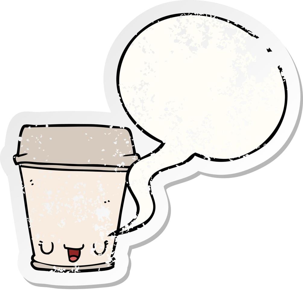 taza de café de dibujos animados y etiqueta engomada angustiada de la burbuja del discurso vector