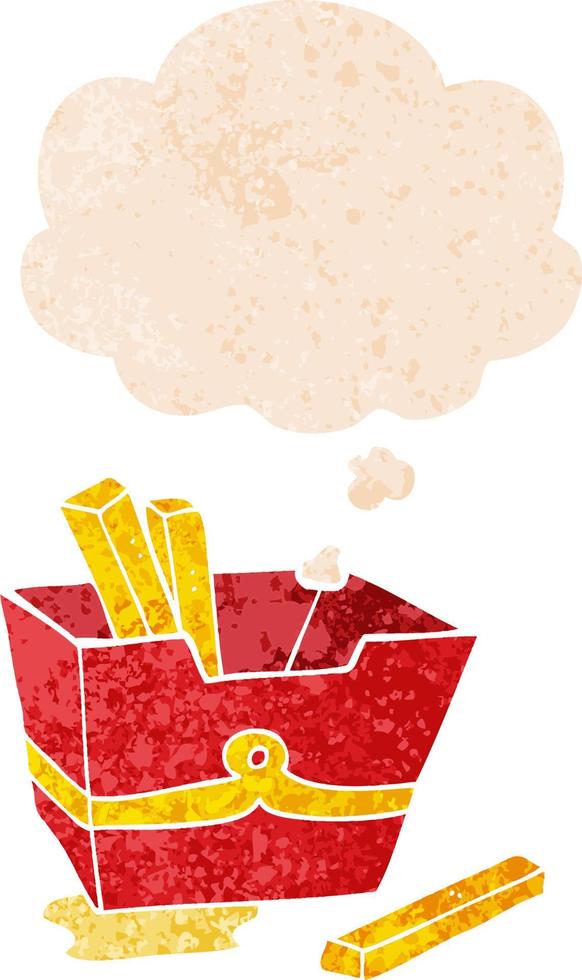 cartoon box of fries and thought bubble in retro textured style vector