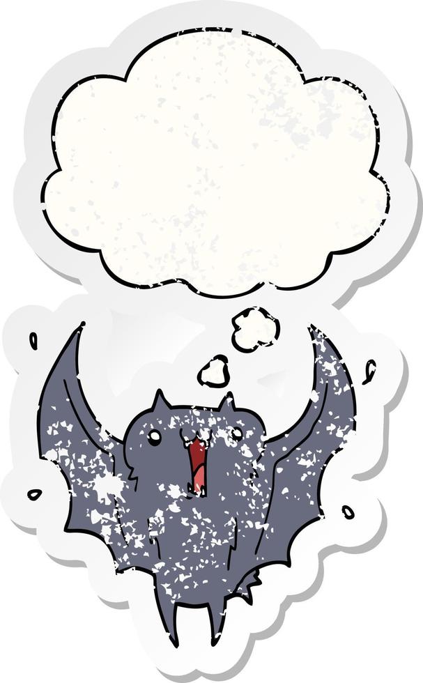 murciélago vampiro feliz de dibujos animados y burbuja de pensamiento como una pegatina gastada angustiada vector