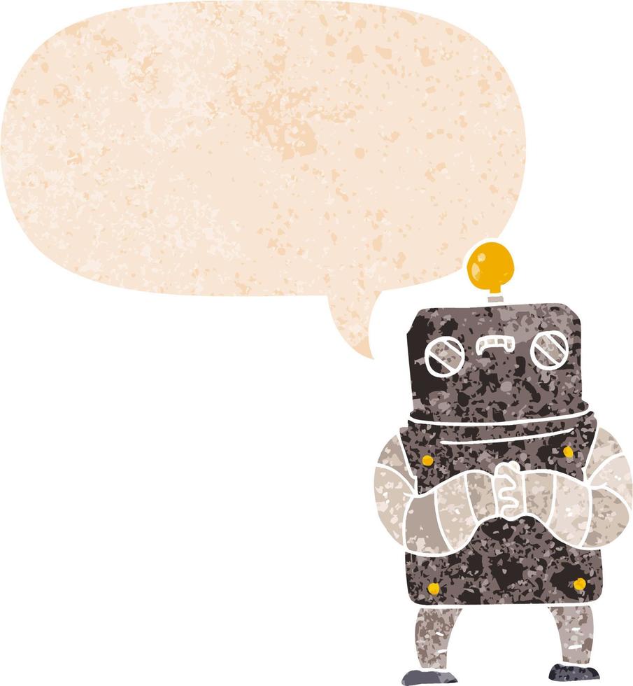 cartoon robot and speech bubble in retro textured style vector