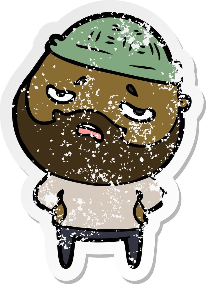 distressed sticker of a cartoon worried man with beard vector