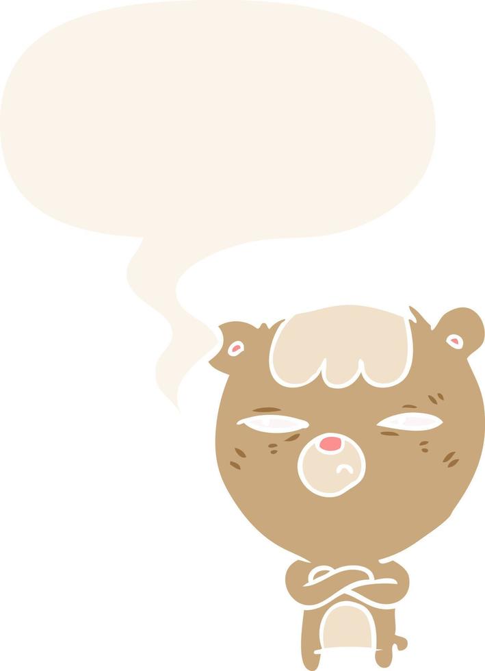 cartoon annoyed bear and arms crossed and speech bubble in retro style vector