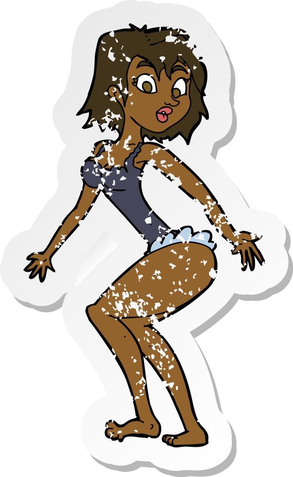 retro distressed sticker of a cartoon woman in lingerie vector