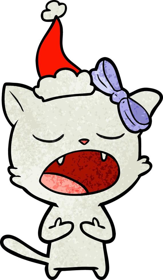 textured cartoon of a cat meowing wearing santa hat vector