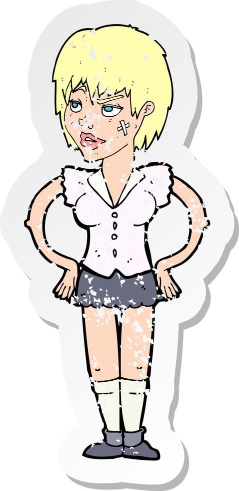 retro distressed sticker of a cartoon tough woman with hands on hips vector