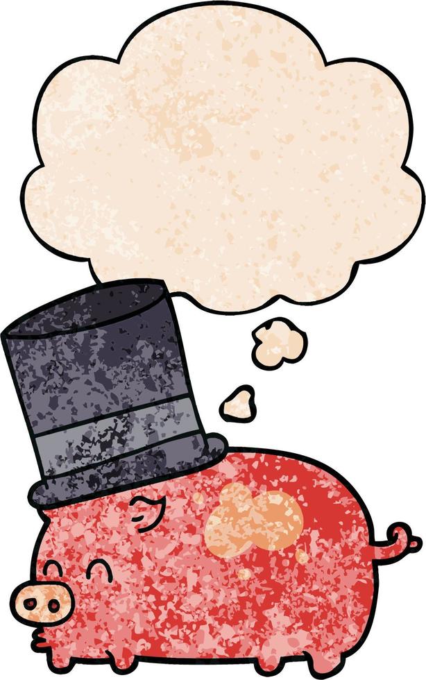 cartoon pig wearing top hat and thought bubble in grunge texture pattern style vector